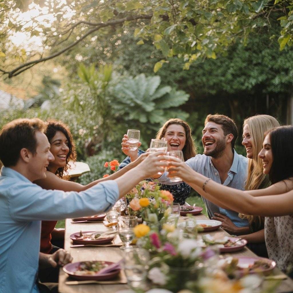 Amigos brindando alrededor de una mesa